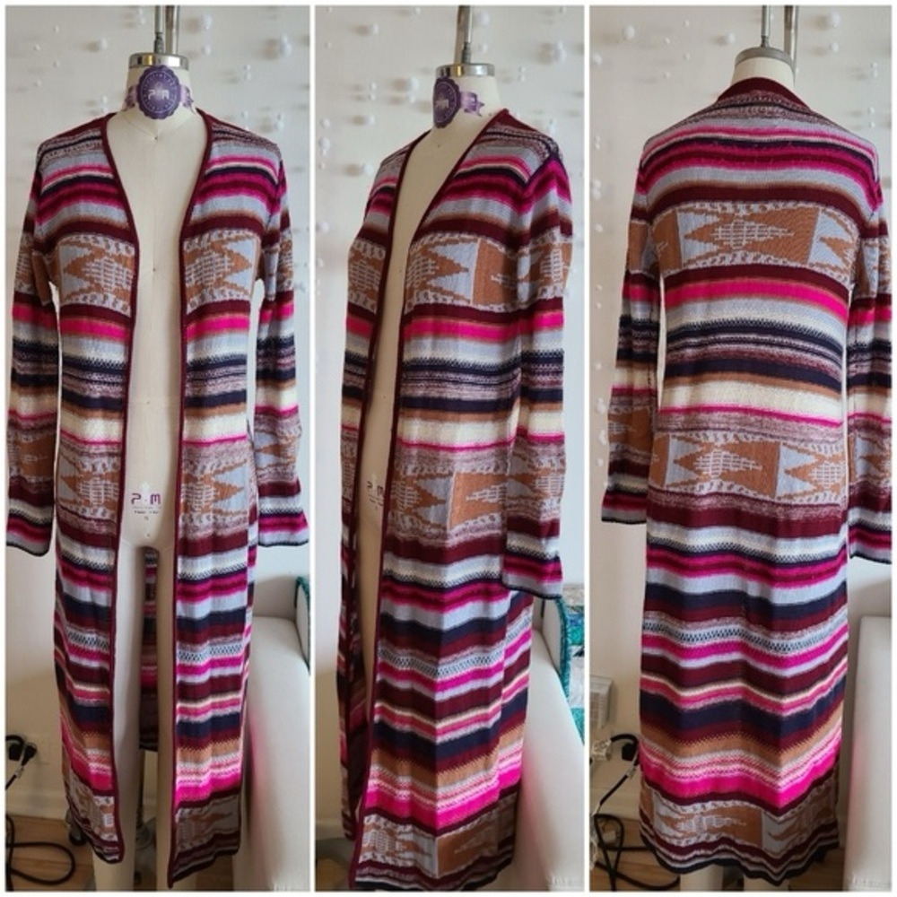 Billabong Long Striped Open-Front Fade to Dust Cardigan in Pink, Tan & Black - Picture 6 of 8